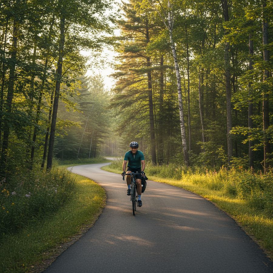 Bike leaning against a trail sign on an Ontario rail trail