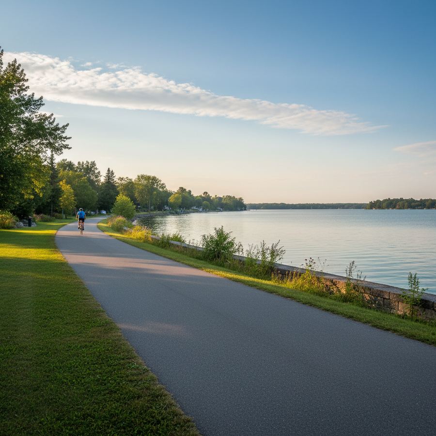 Cyclist riding a paved waterfront path with a lake and sky visible
