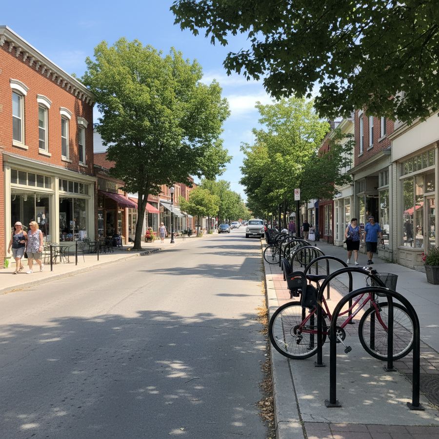 Historic main street in an Ontario cycling town with tree-lined road