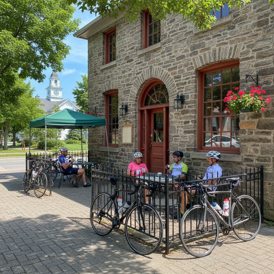 Small Ontario town main street with bikes parked outside a cafe