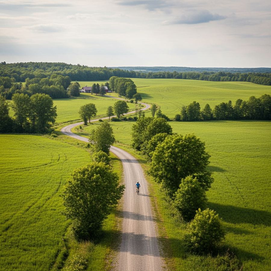 Crushed stone trail through a shaded wooded section of the Bruce County Rail Trail