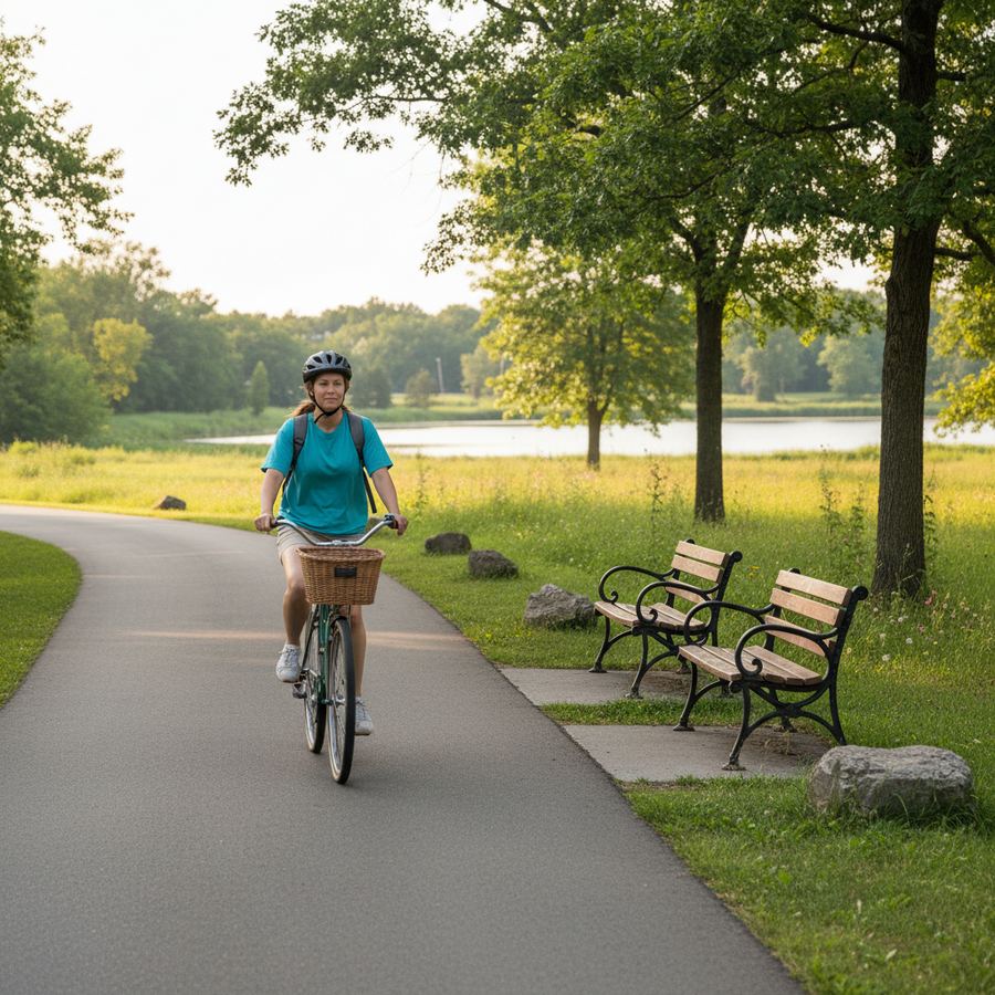 Flat paved cycling path along a lake in Ontario