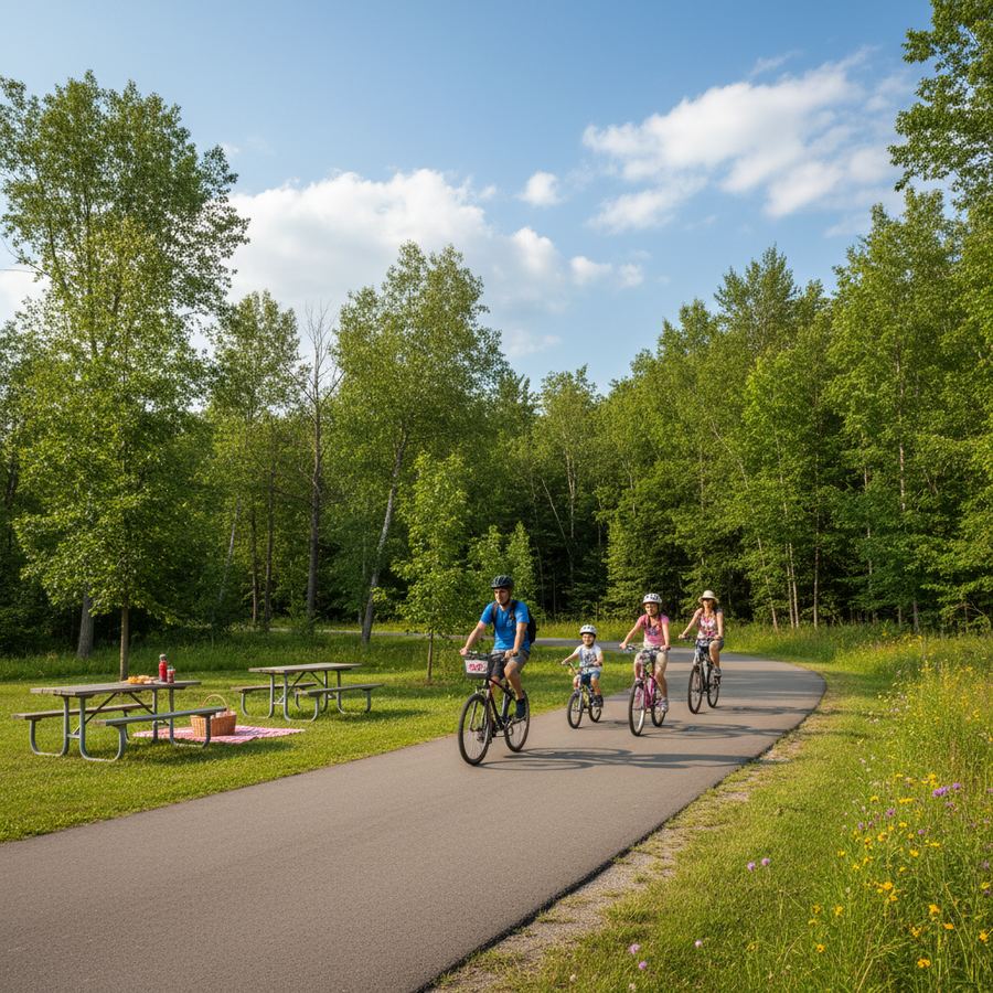 Flat paved trail through a shaded park area ideal for family cycling