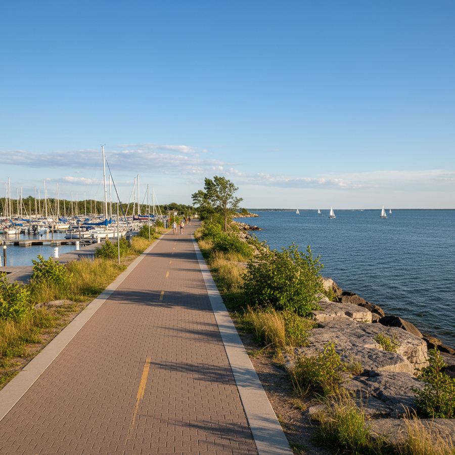 Cycling the Georgian Trail near Collingwood with views of Georgian Bay