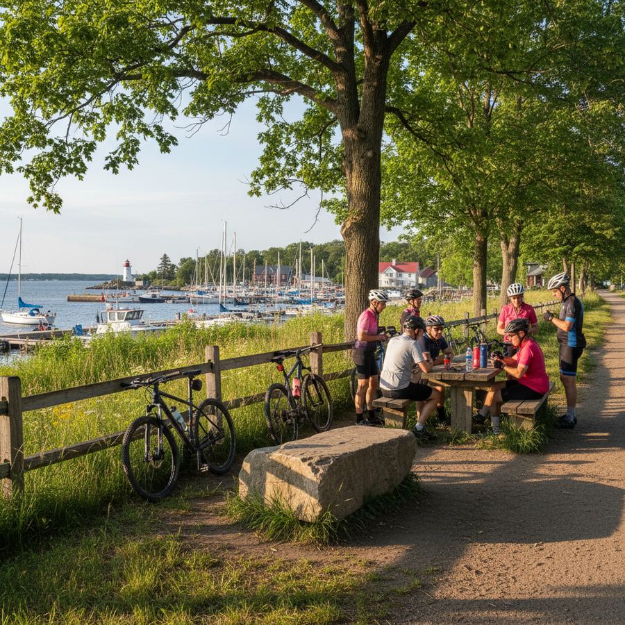Cyclists on the Georgian Trail near Thornbury with apple orchards in the background