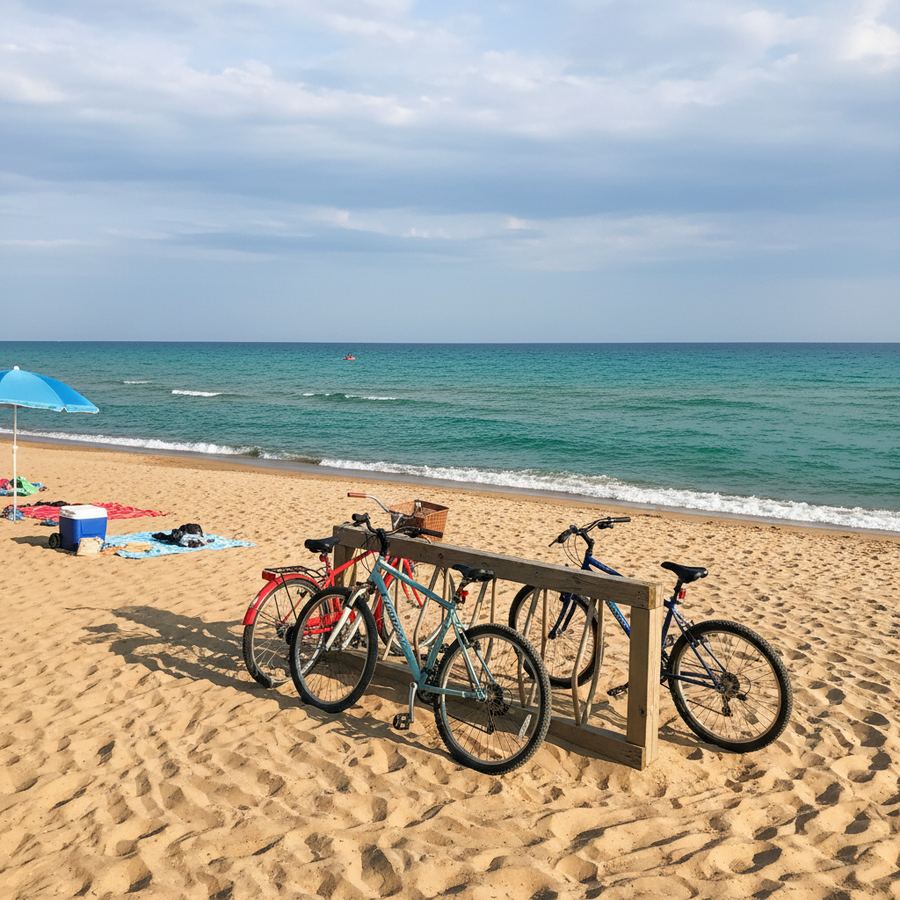 Cyclist arriving at Sauble Beach on the Lake Huron shoreline during a weekend tour