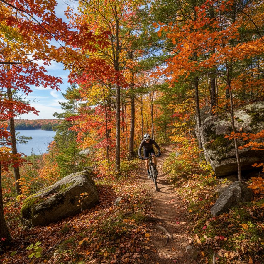 Cyclist riding through fall colours on a Muskoka back road near Huntsville
