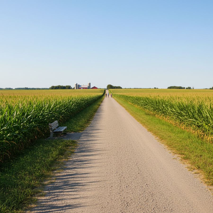 Flat rail trail corridor through Simcoe County farmland with a cyclist in the distance