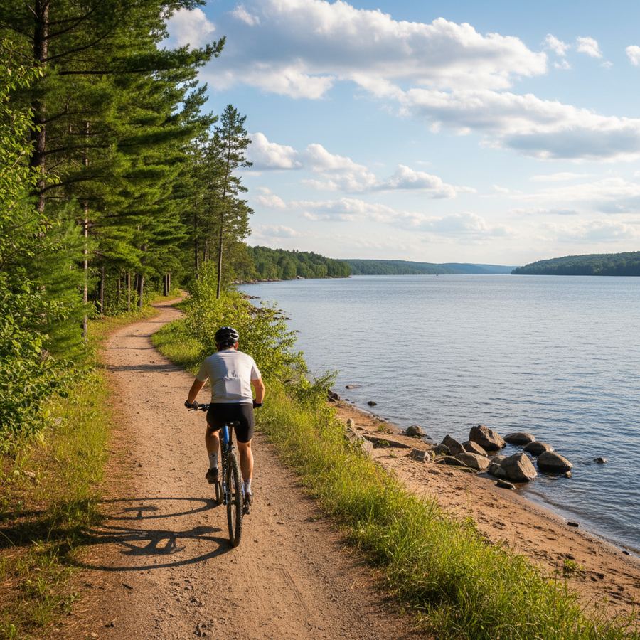 Cyclist on a riverside path along the Ottawa River near Pembroke