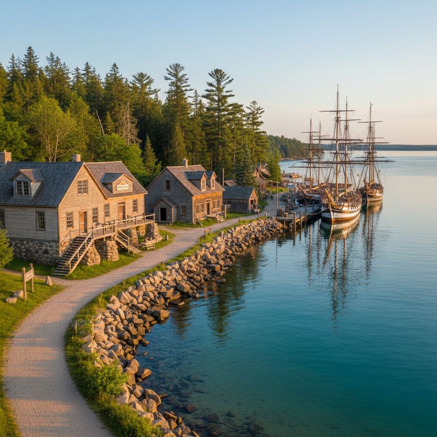 Cyclists near Discovery Harbour in Penetanguishene, with tall ship masts visible
